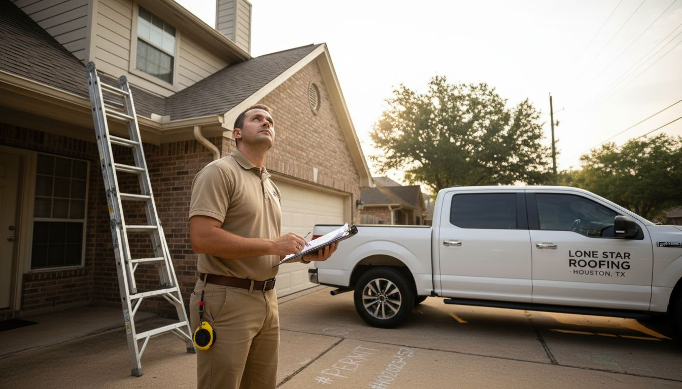 Inspector checks roof permit at Houston home