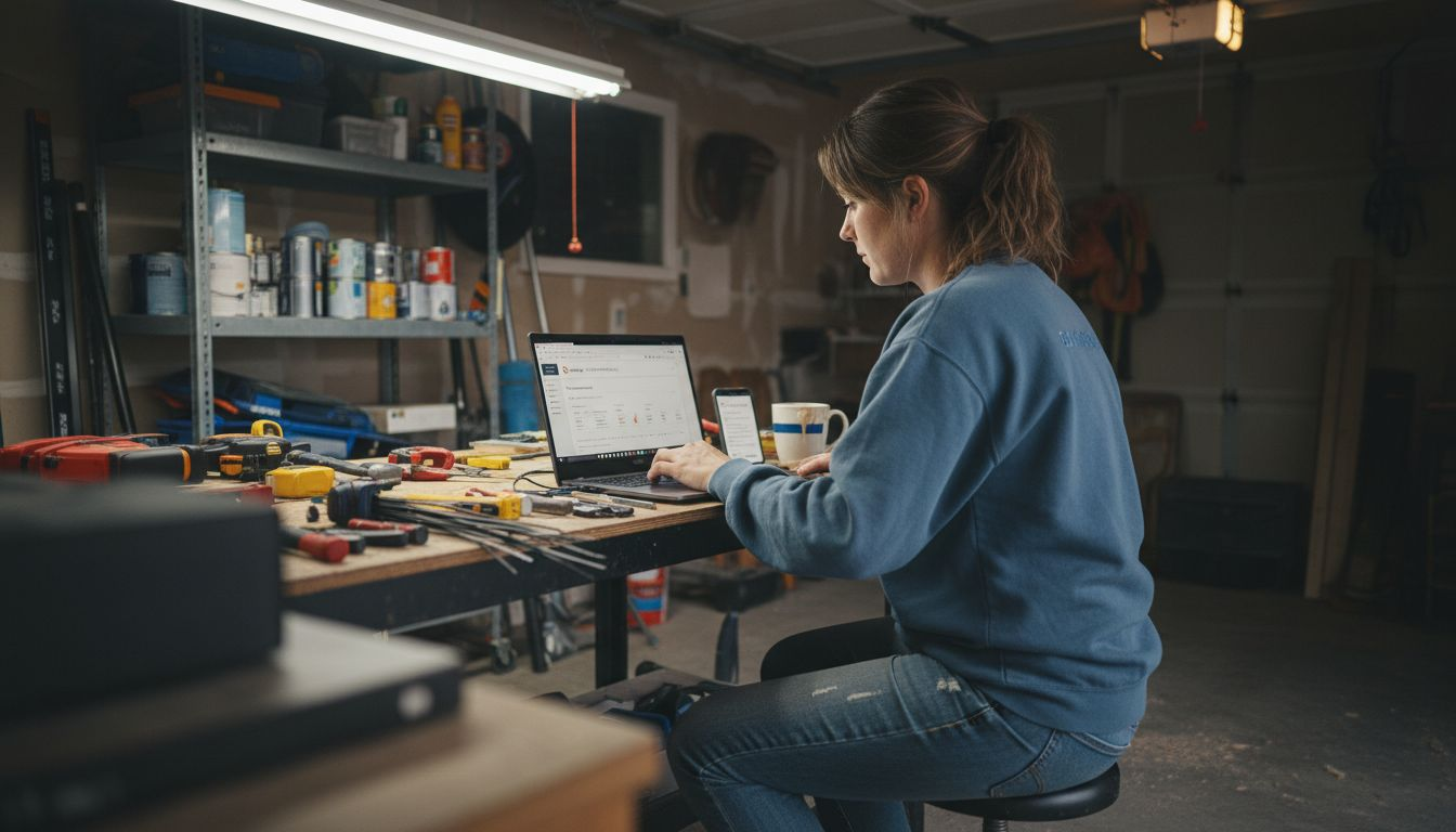 Contractor launching online ad campaign in garage