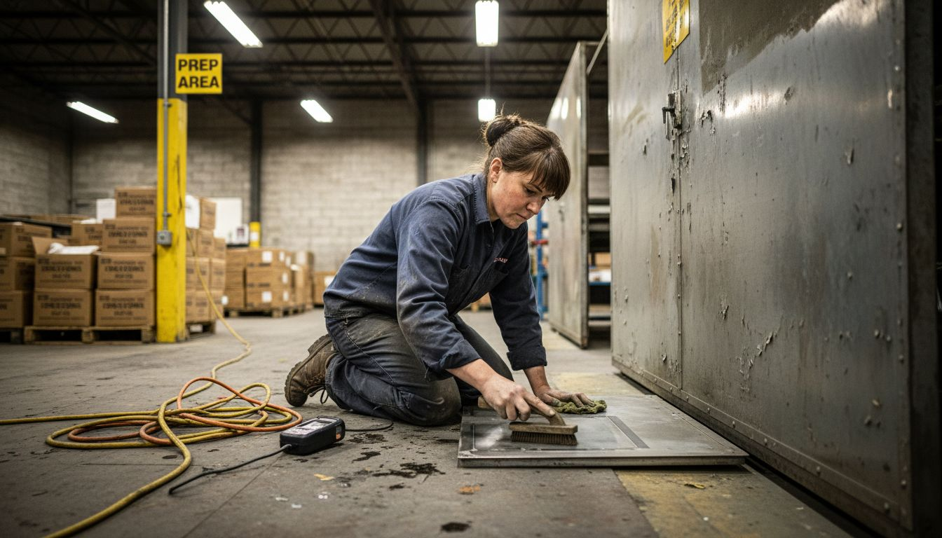 Technician cleaning and prepping steel surface