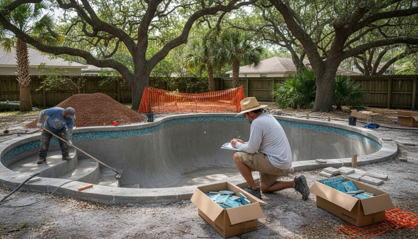 Contractors building concrete inground pool