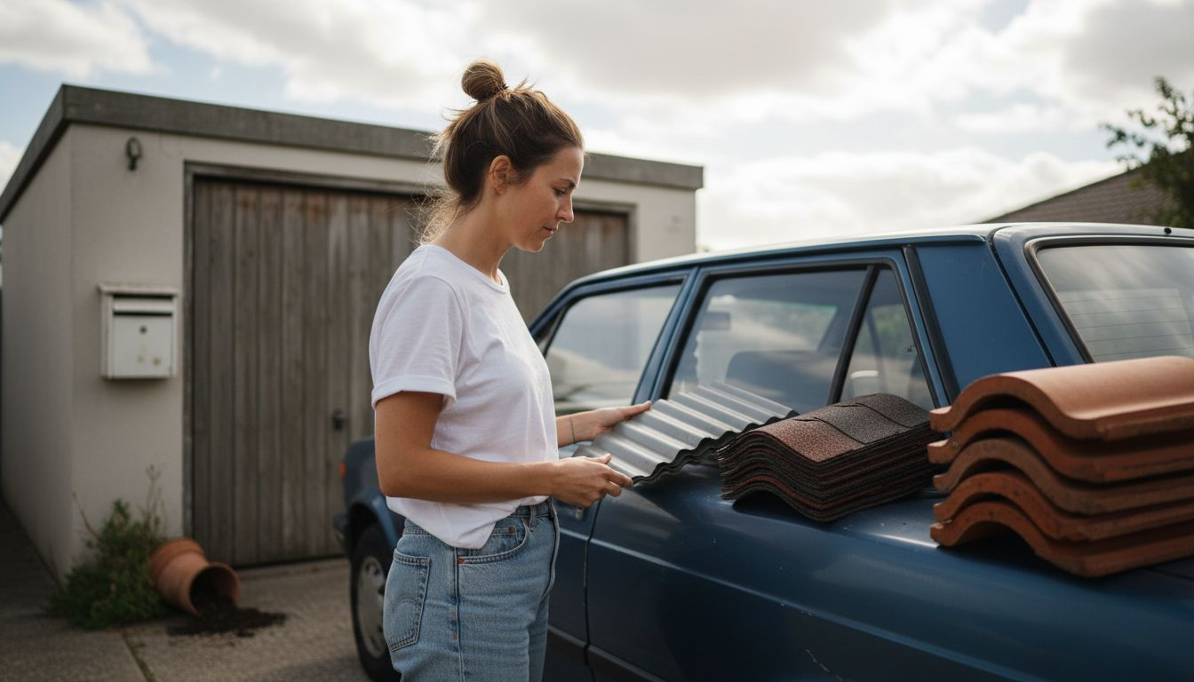 Homeowner examining several roofing material samples