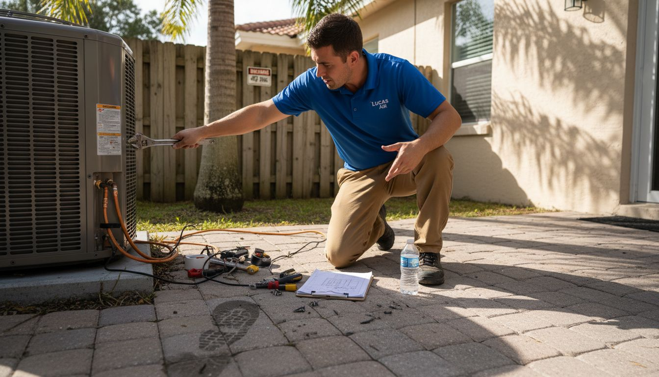 Technician installing heat pump near patio