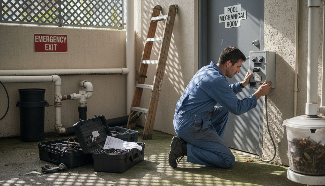 Contractor working on hotel pool equipment