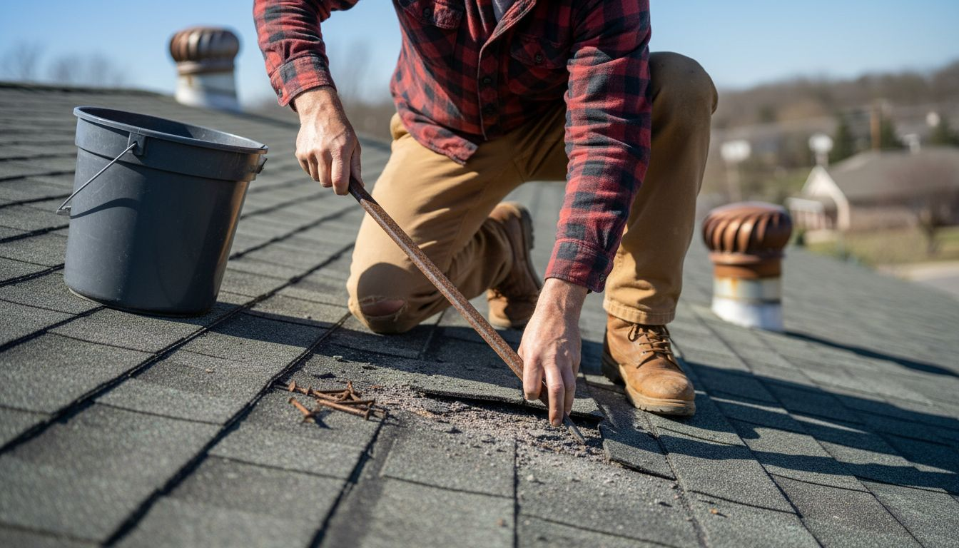 Contractor removing damaged shingles on roof