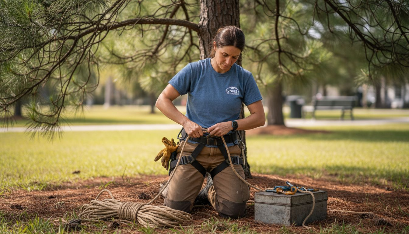 Arborist putting on safety harness for tree climb