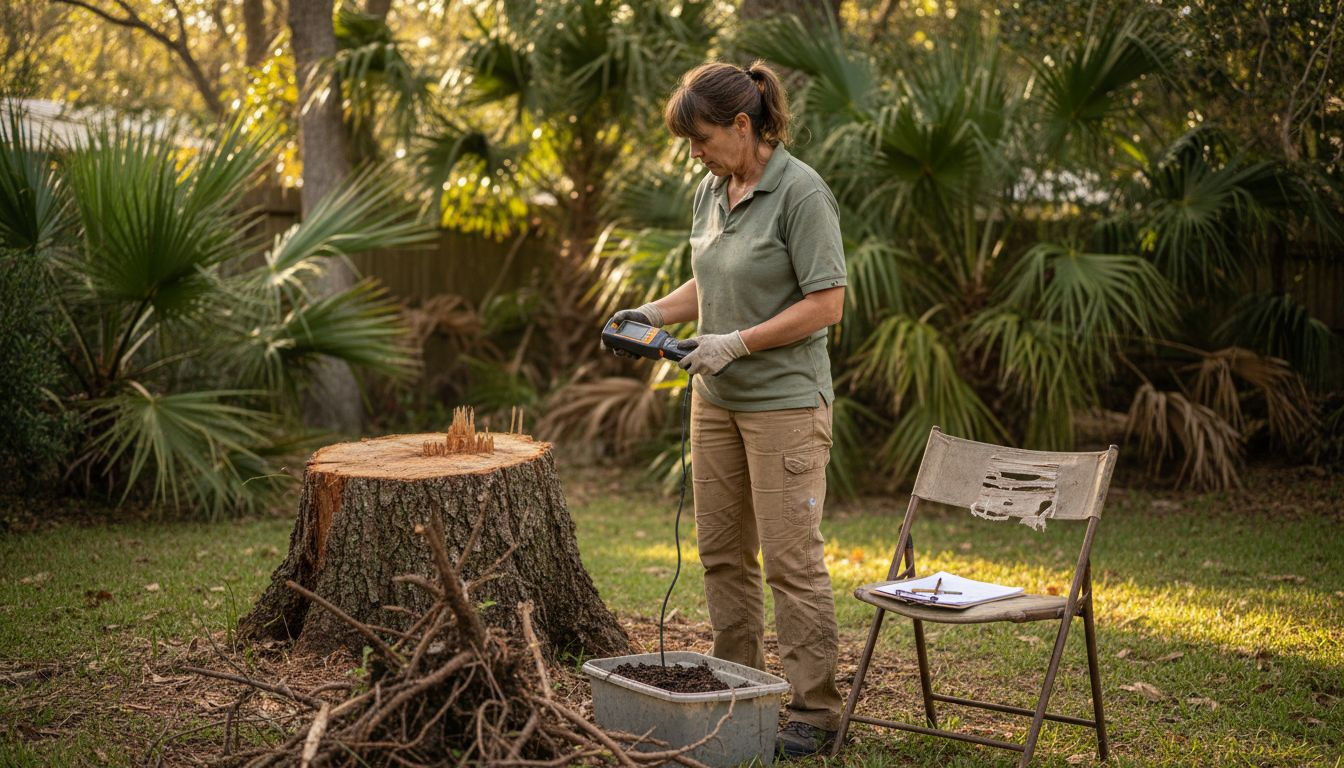 Arborist inspects stump and soil by palm