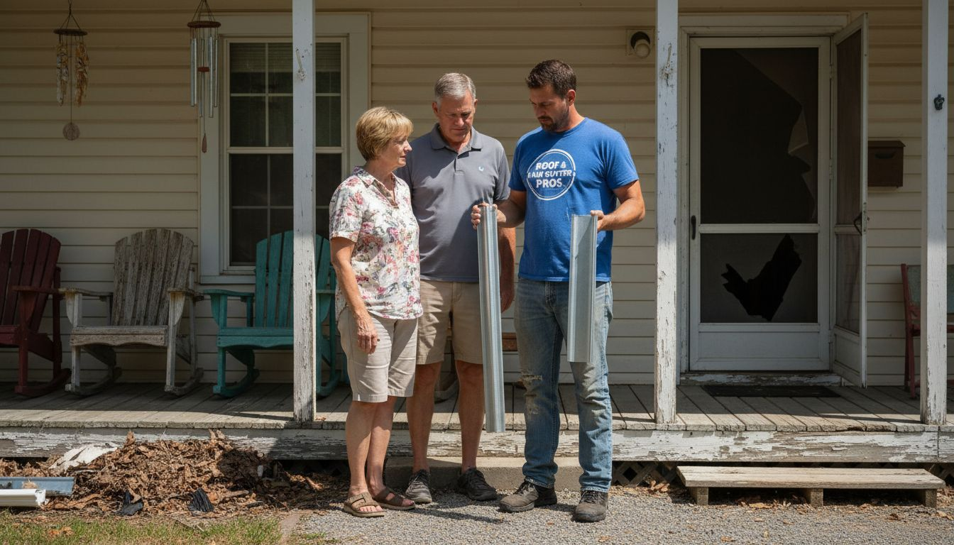 Contractor demonstrating seamless versus sectional gutters