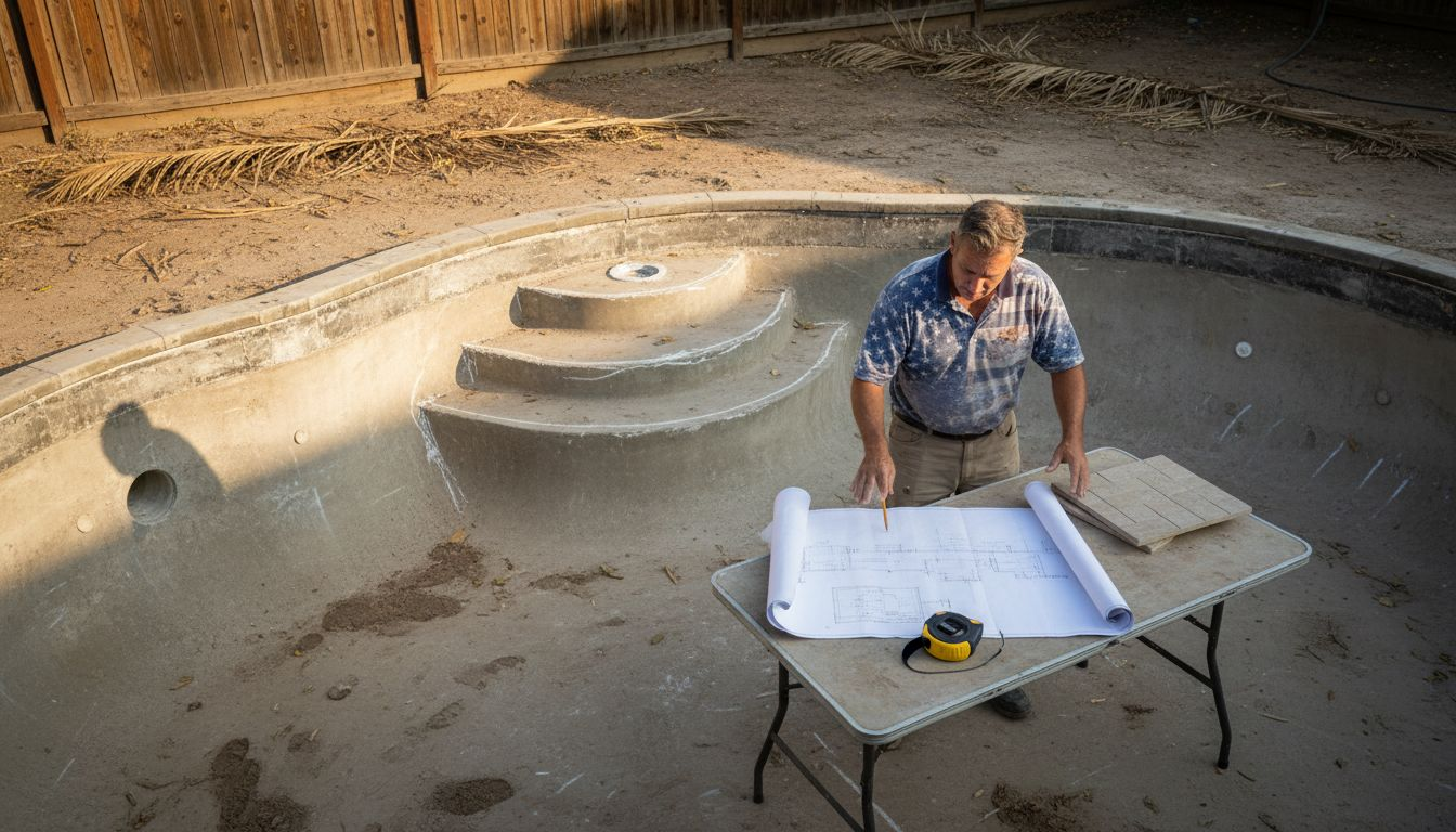 Designer reviews custom concrete pool plan