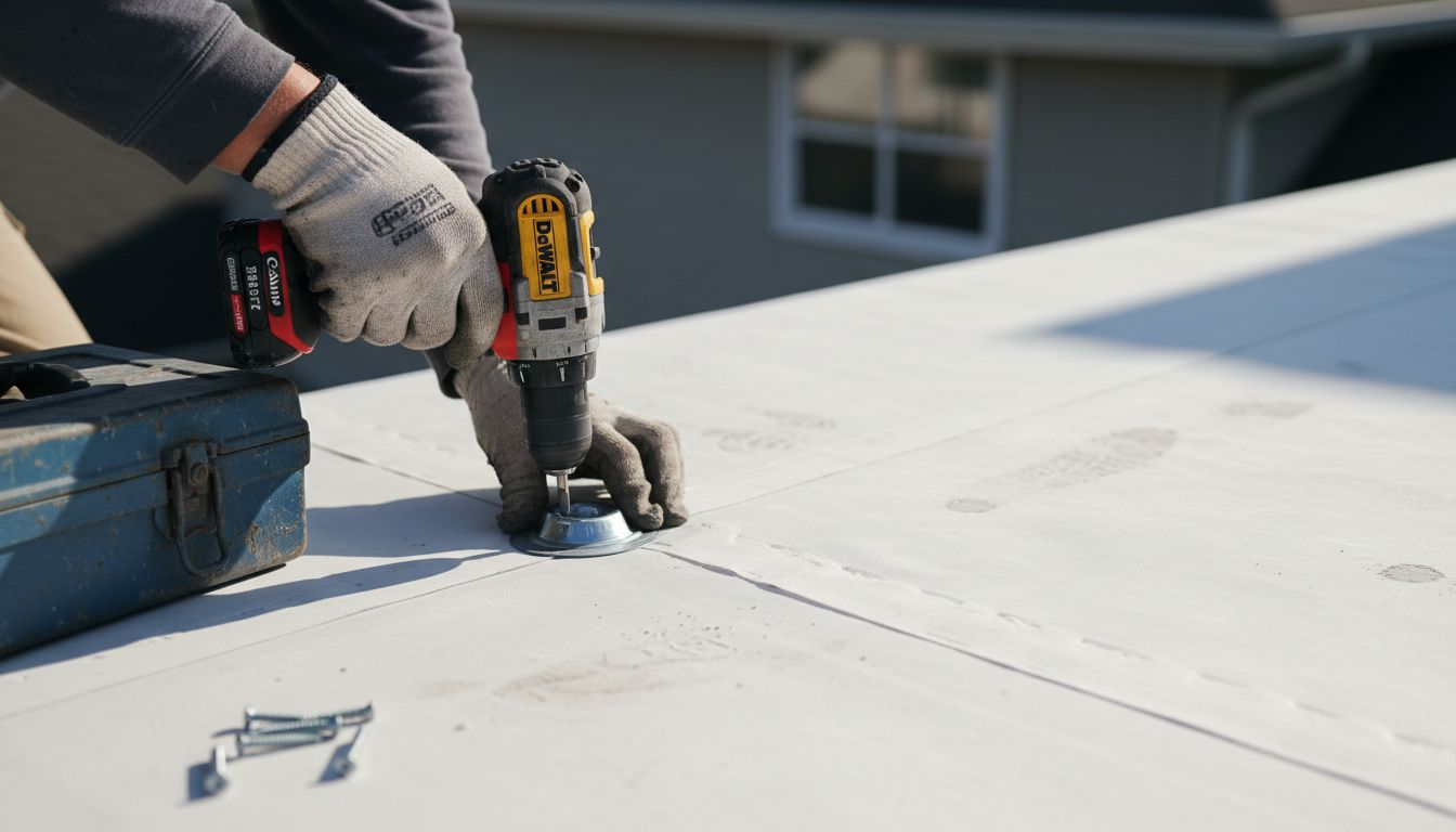 Hands attaching TPO membrane with fasteners