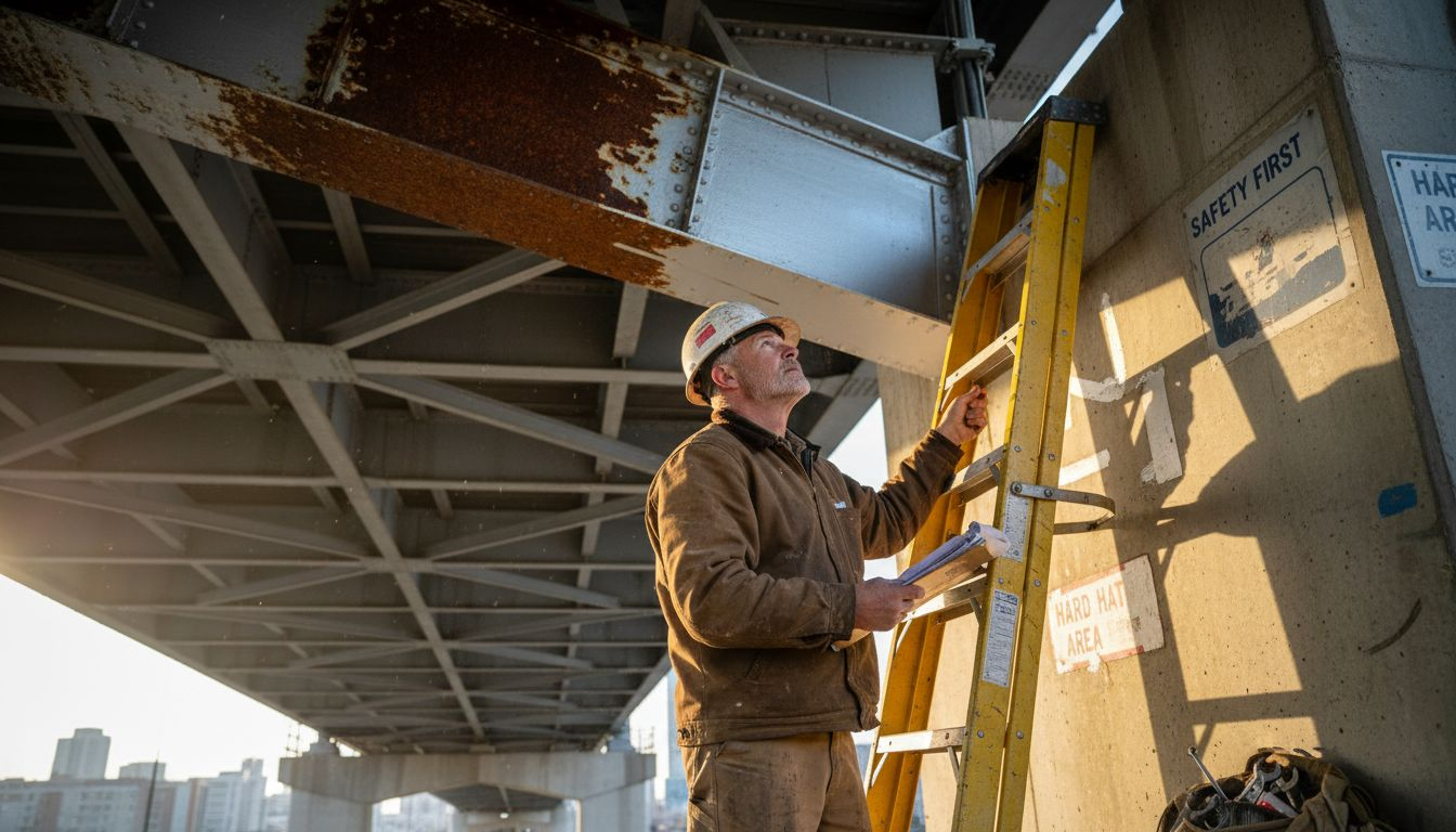 Engineer inspects coated and rusted bridge beam
