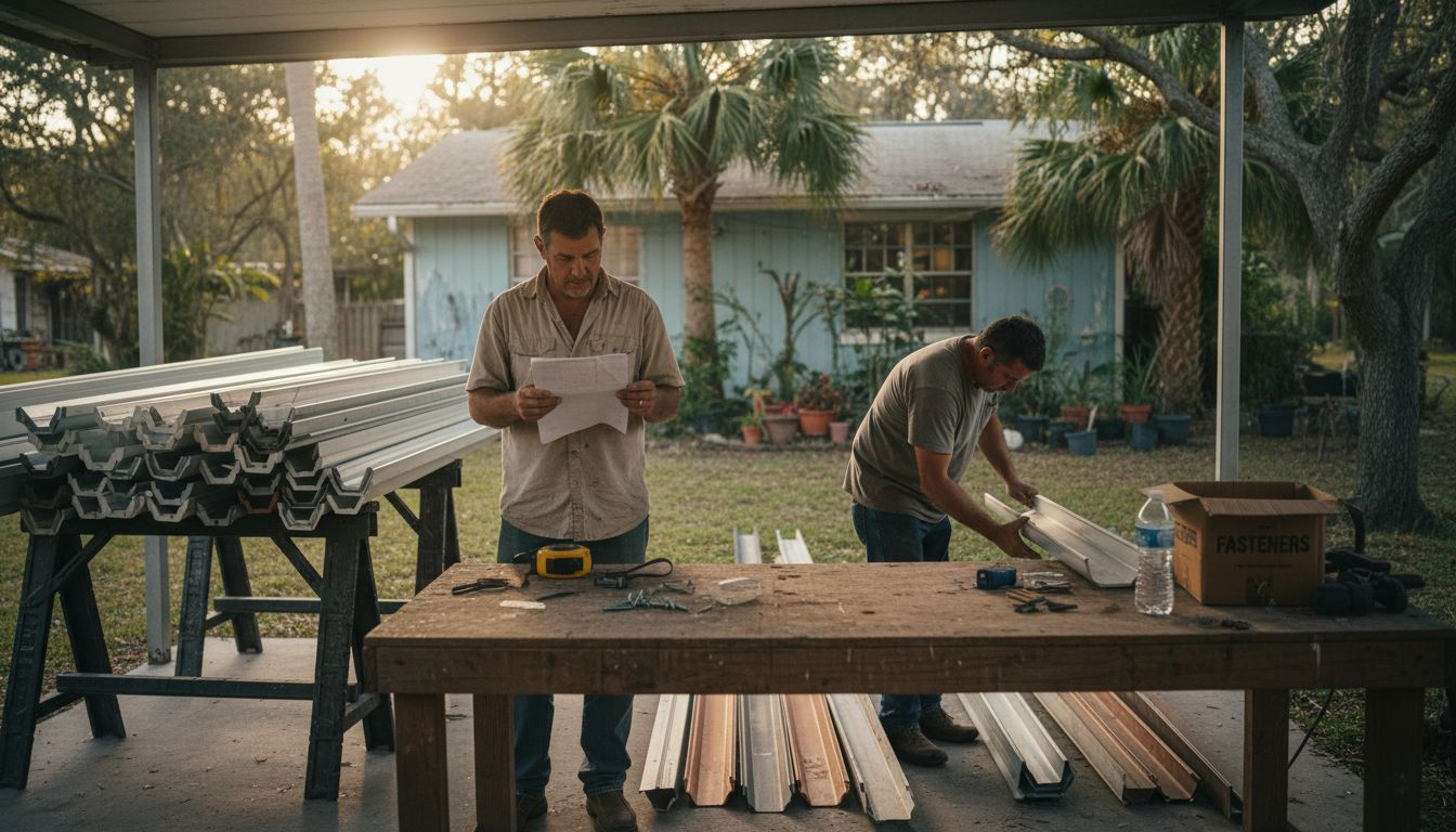 Installers sorting seamless gutter material options