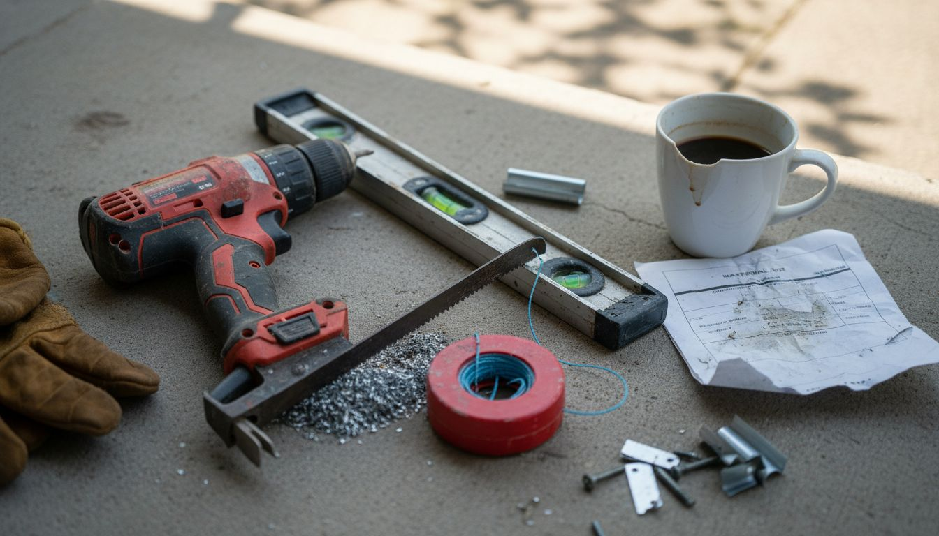 Gutter installation tools arranged on patio