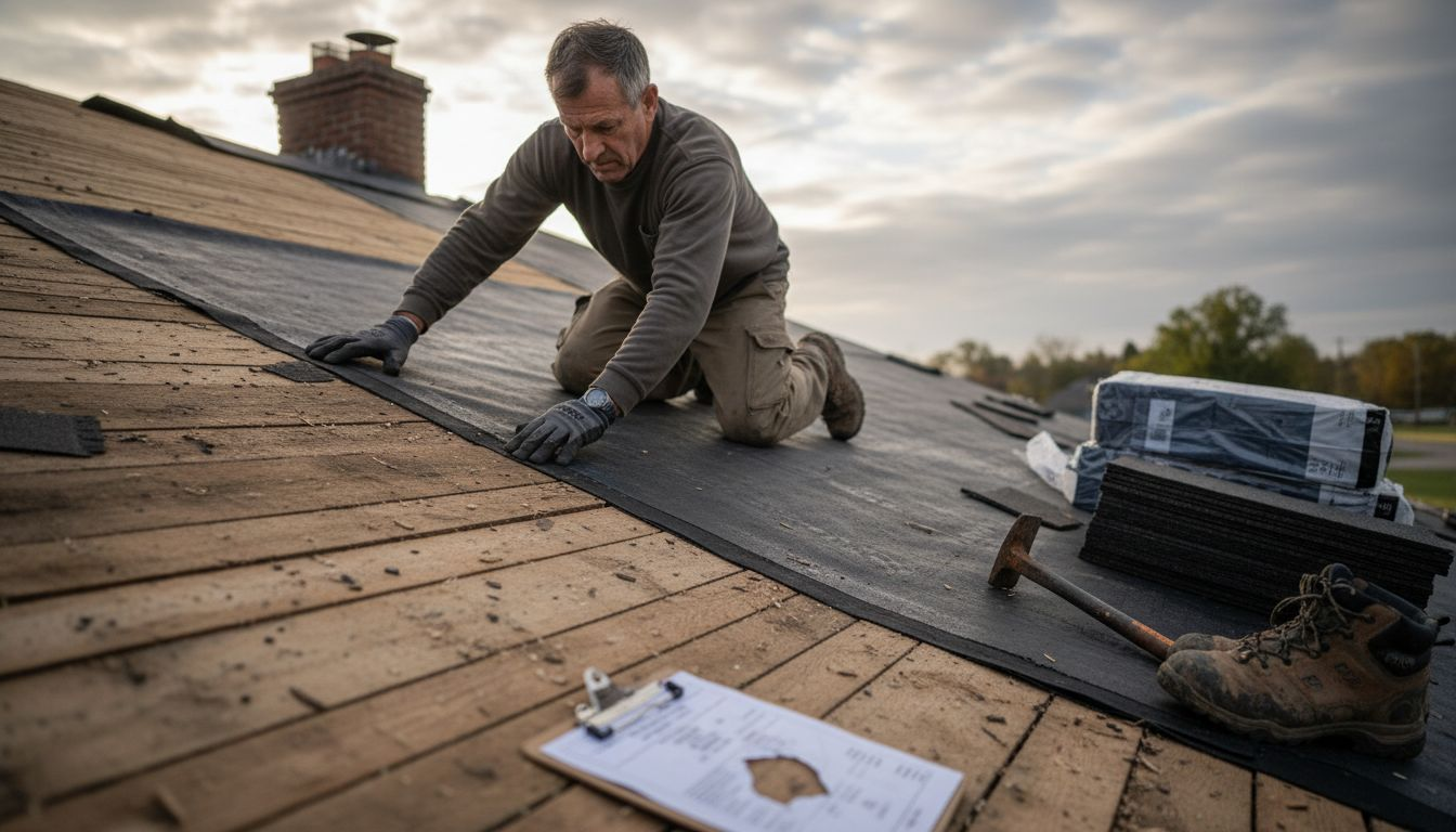 Contractor installing moisture barrier on roof