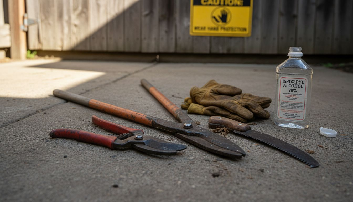 Tree trimming tools arranged on patio