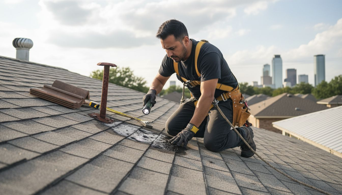 Contractor assessing damaged Houston roof