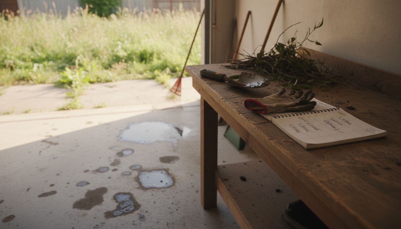 Workbench with gutter cleaning tools and notes