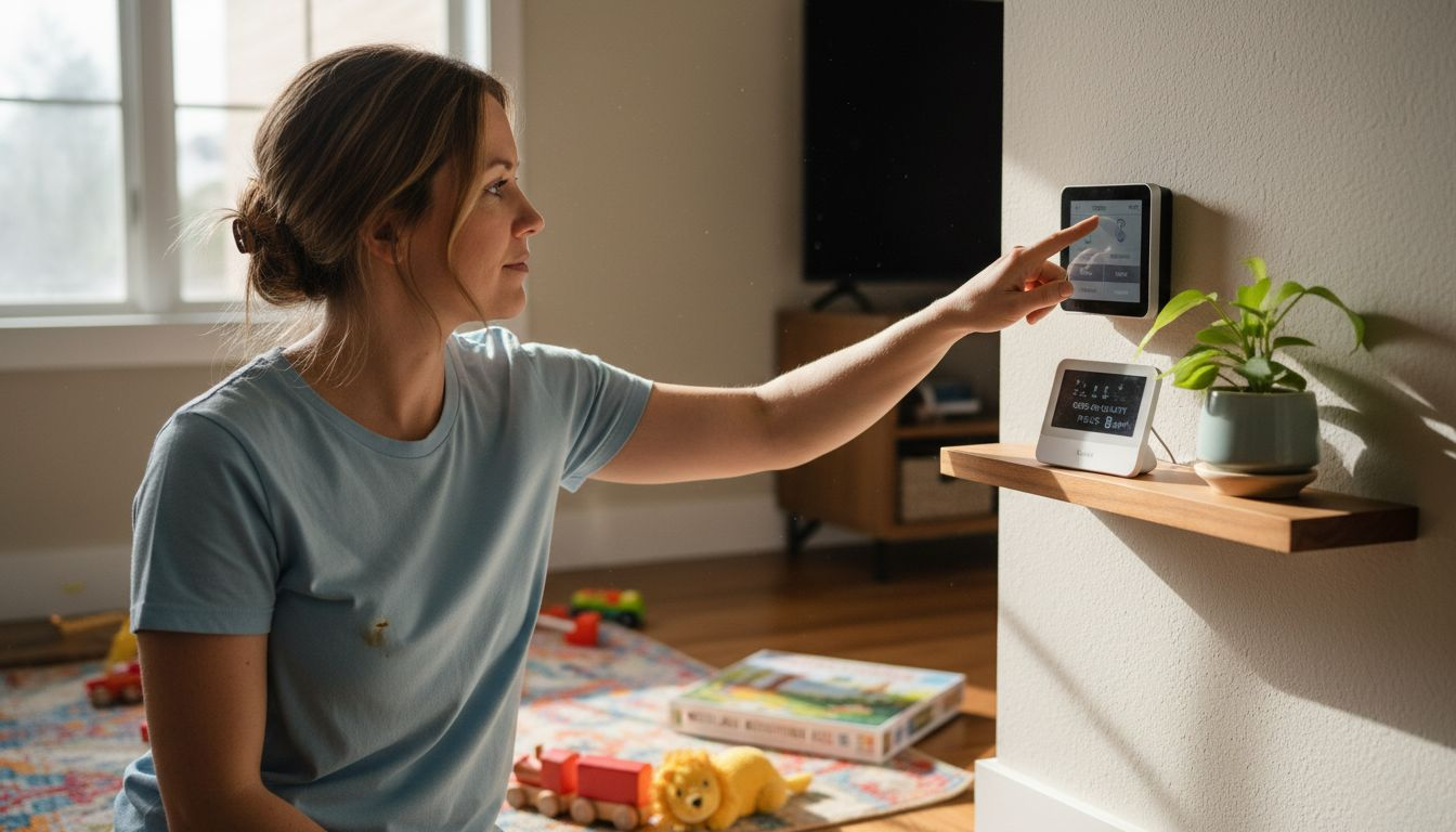 Adjusting smart thermostat in bright living room