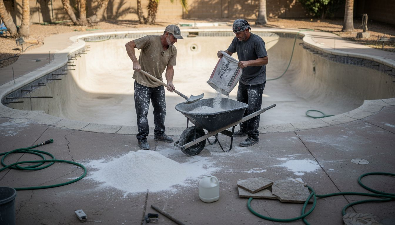 Workers mixing pool plaster beside pool