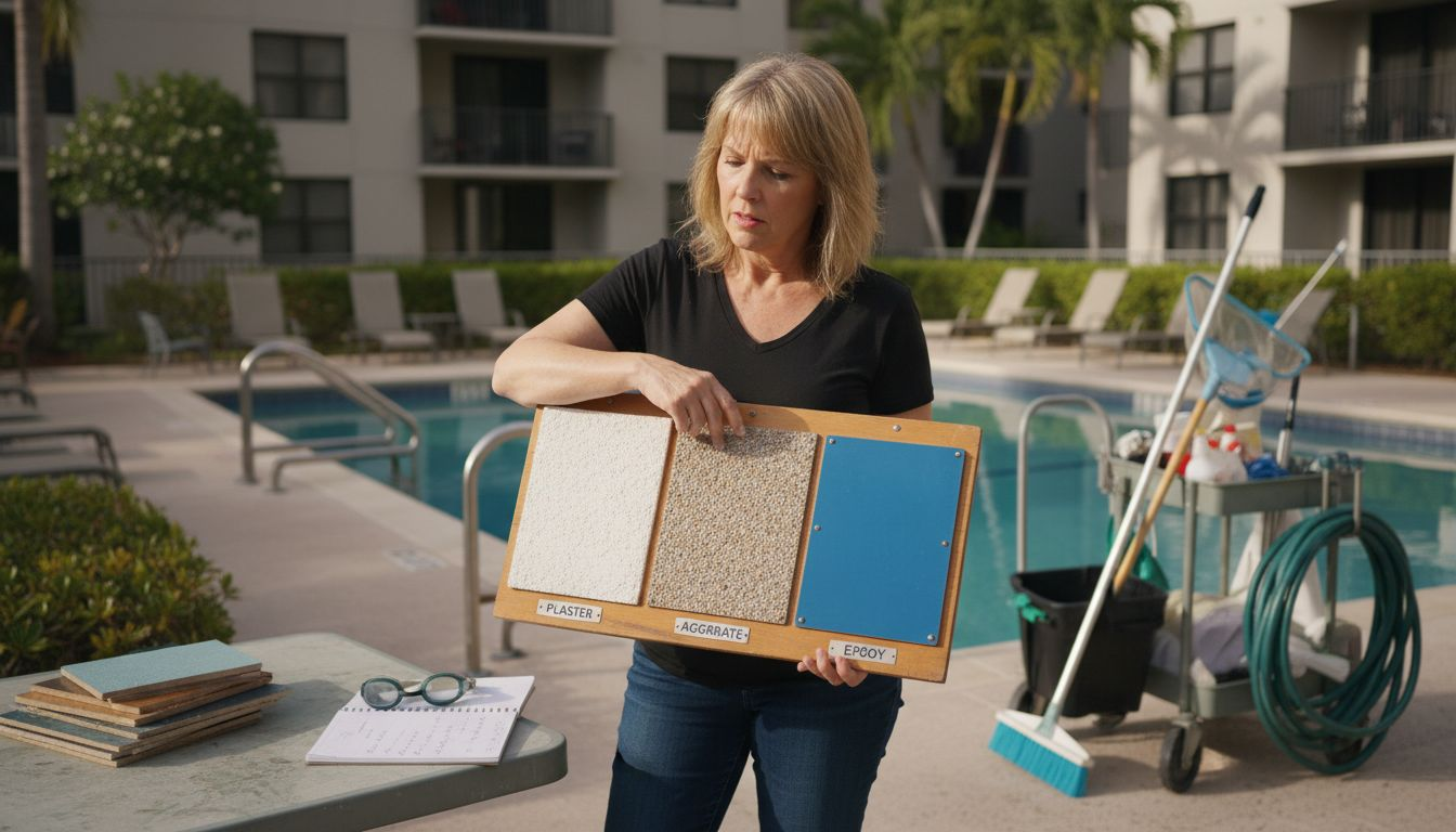 Manager reviewing pool surface material samples