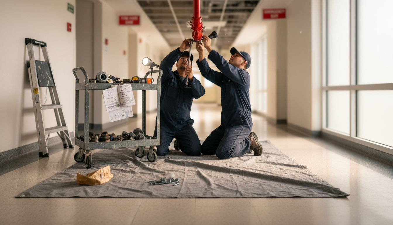 Installers fitting fire sprinkler in hospital