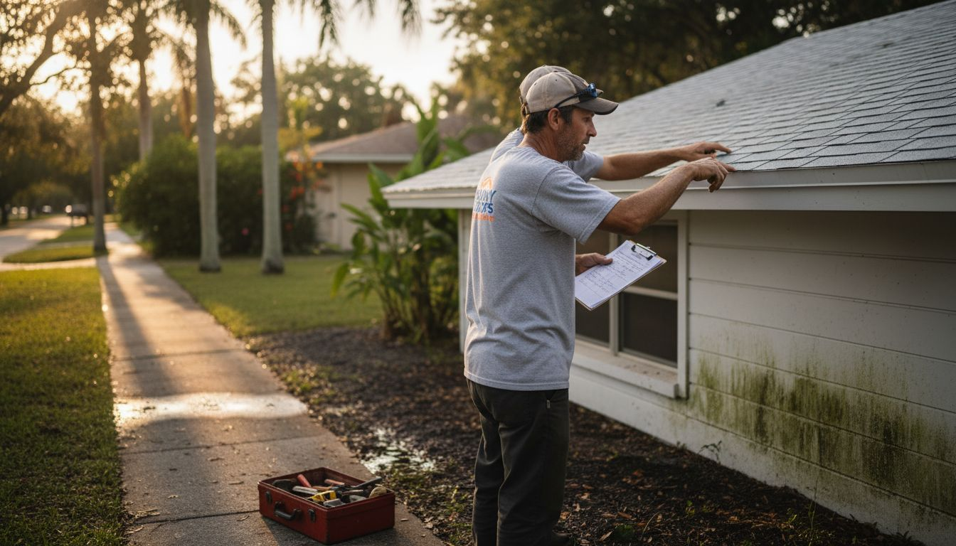 Roofers inspecting Florida home roof exterior