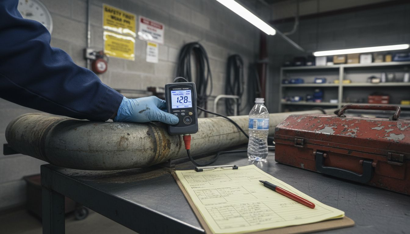 Technician measuring pipe coating thickness