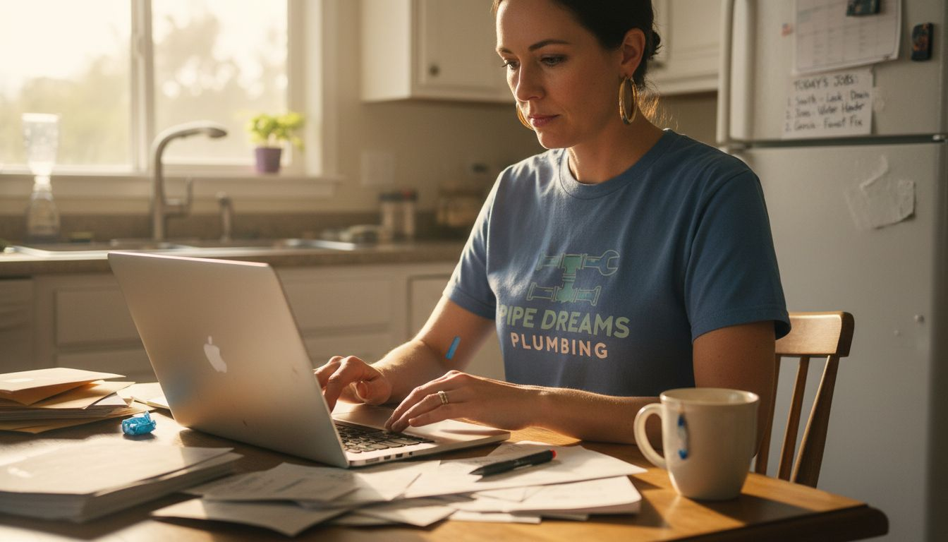 Business owner updating website at kitchen table