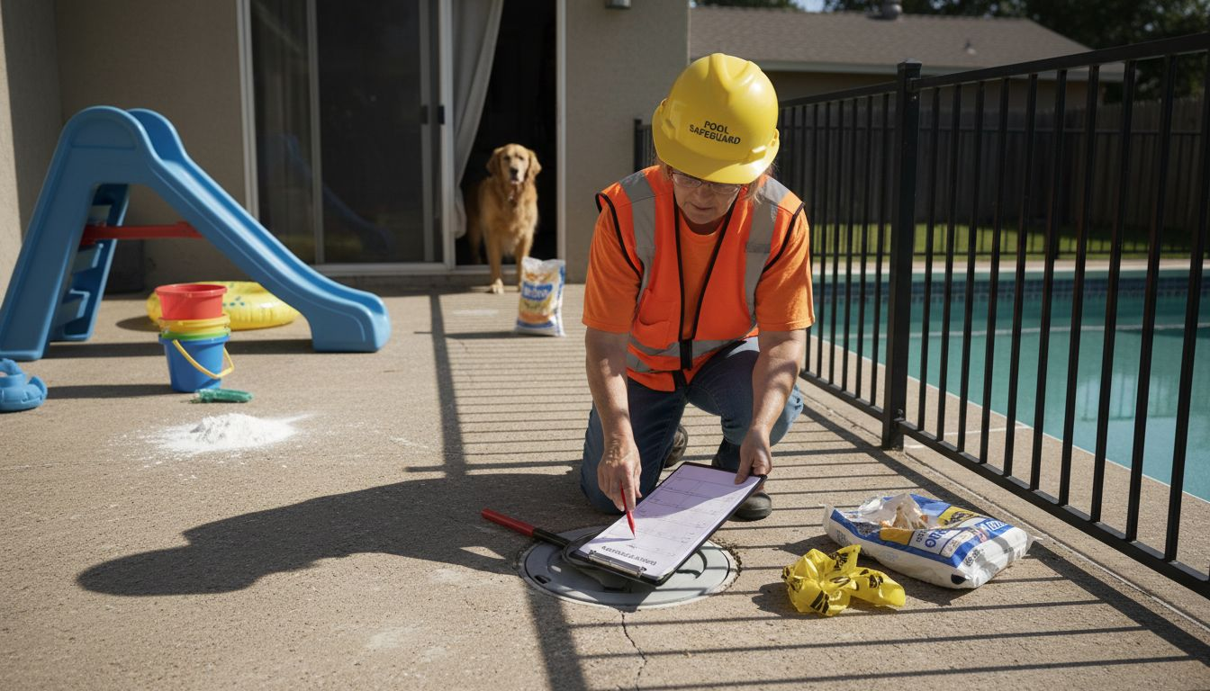 Inspector conducting residential pool safety check