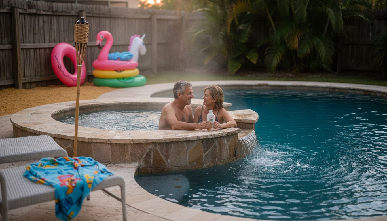 Couple enjoying integrated pool spa