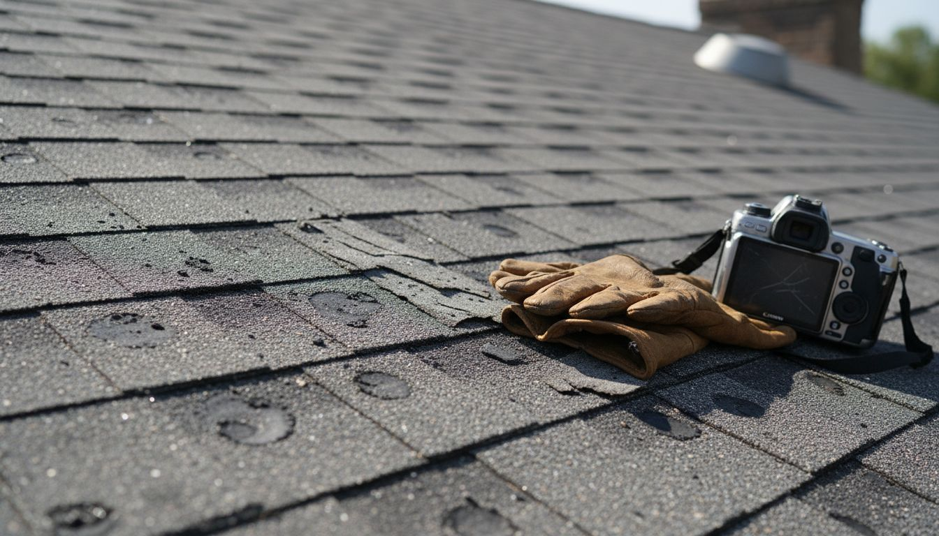 Close detail of hail damage and missing granules