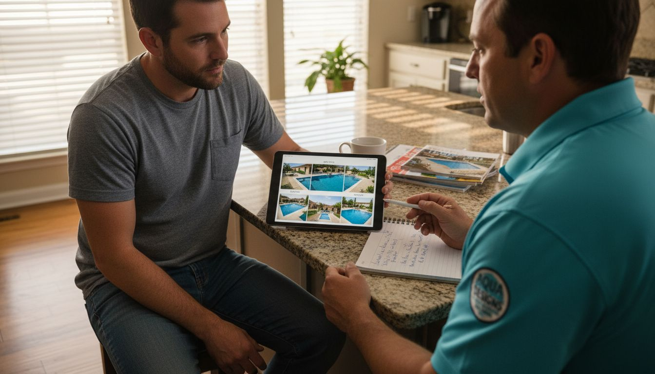 Homeowner reviewing pool project portfolio