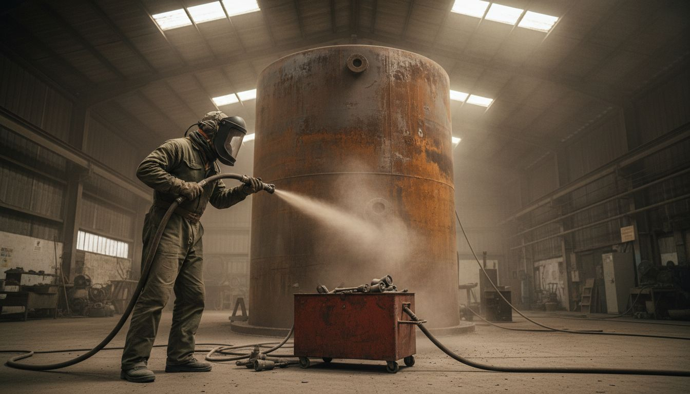 Technician sandblasting rusted steel tank