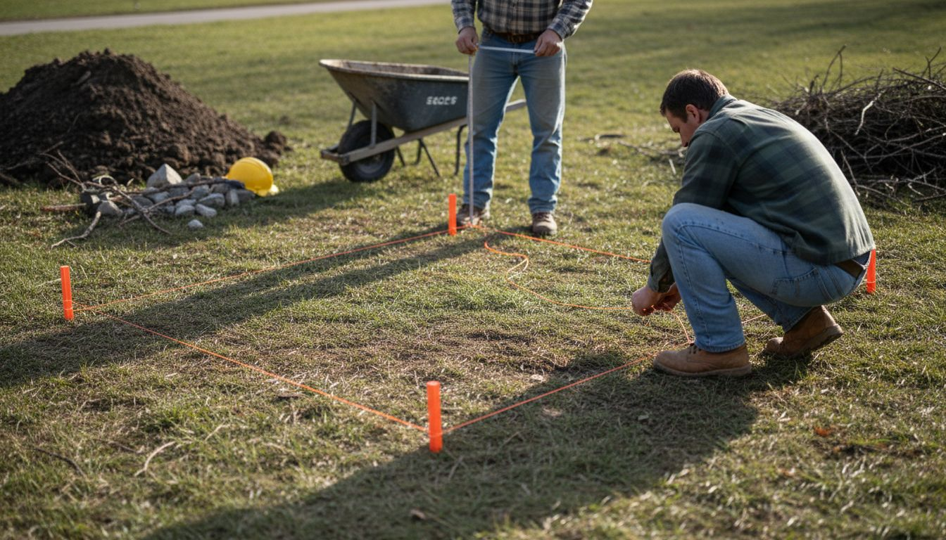 Workers marking backyard pool excavation site