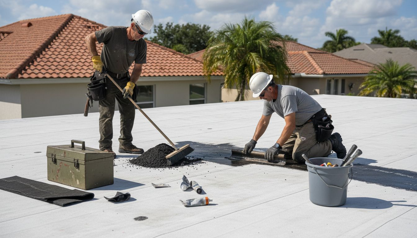 Technicians patching and cleaning flat residential roof