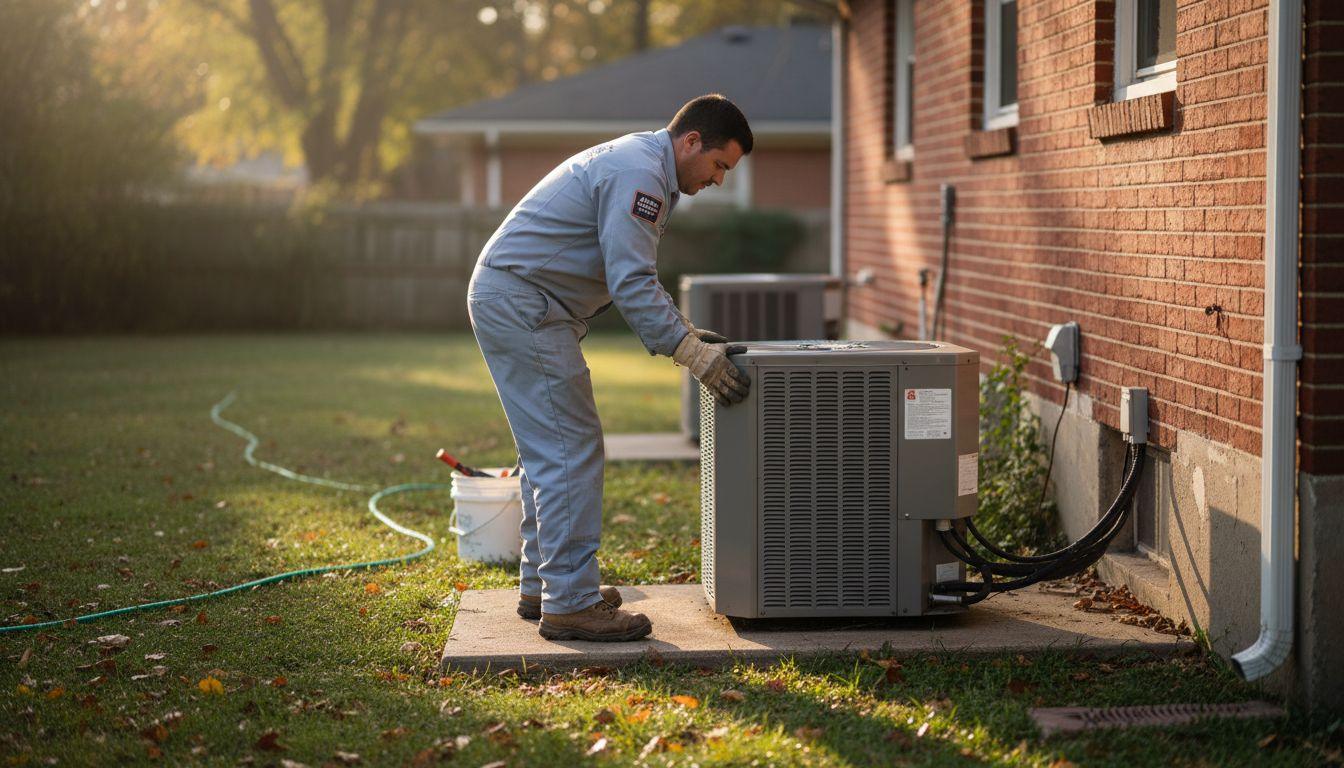 Technician placing outdoor HVAC condenser unit
