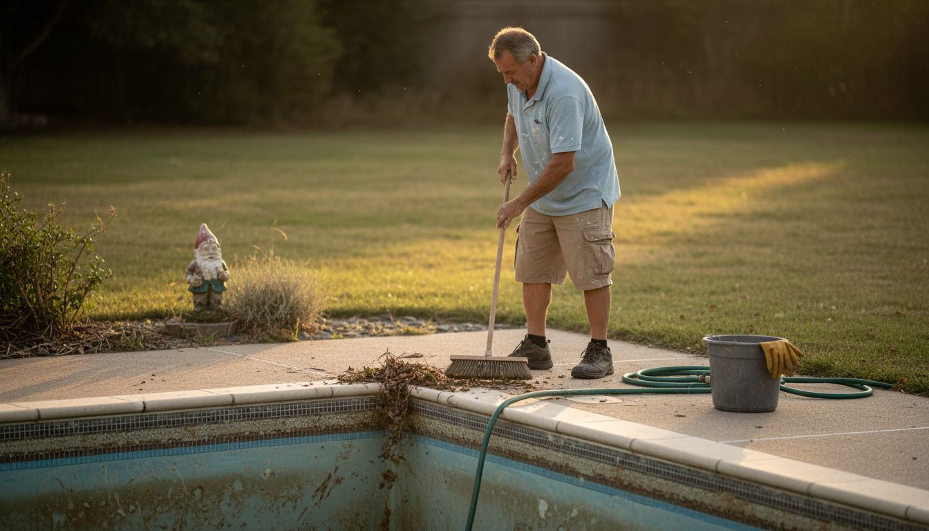 Man cleaning pool deck before remodeling