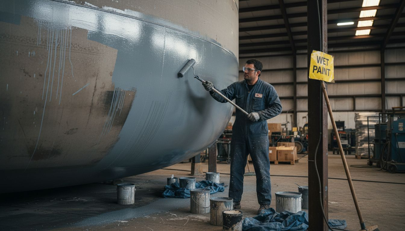 Technician applying anti-corrosion coating to tank