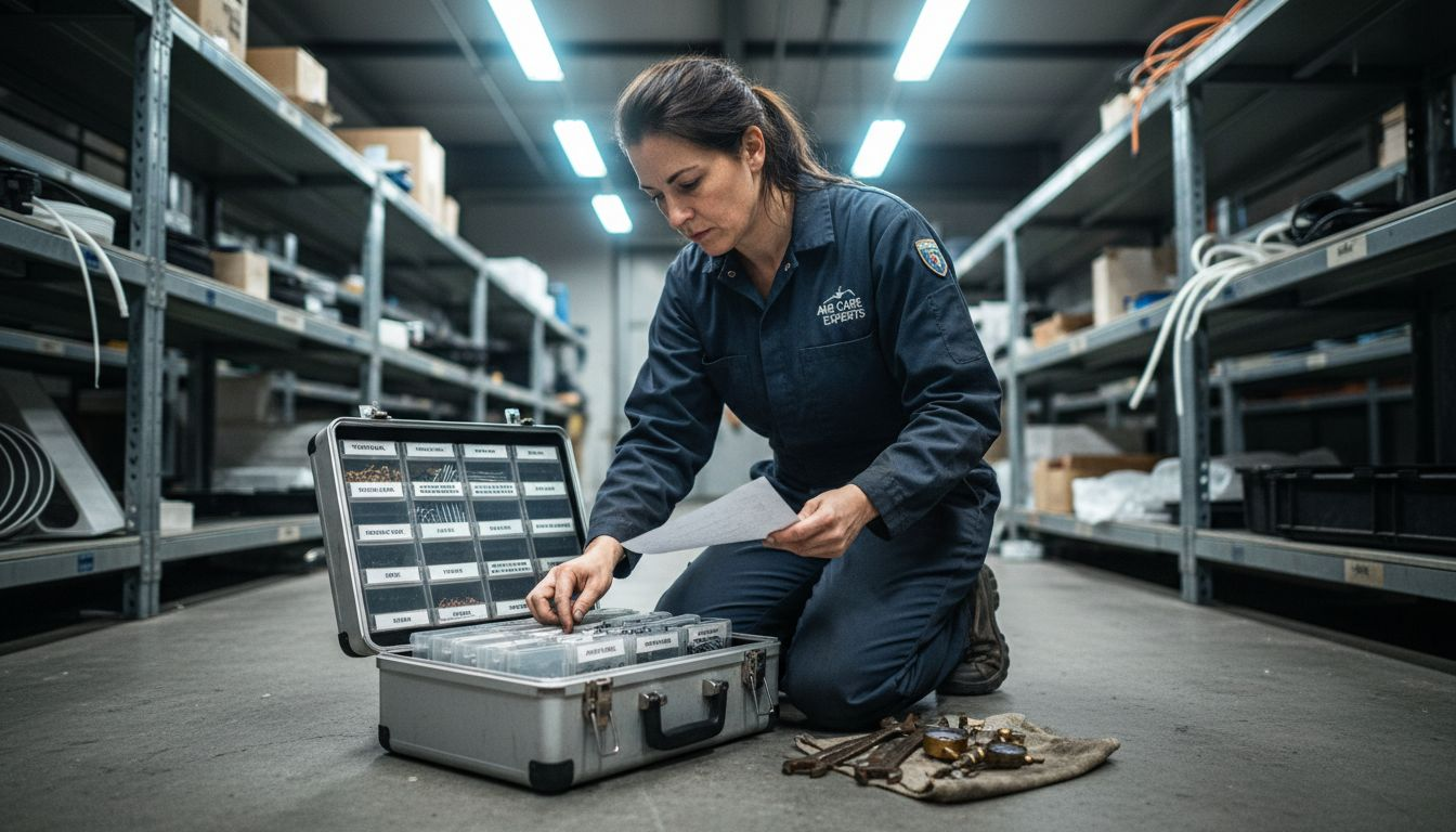 Mechanic prepares hvac workspace tools
