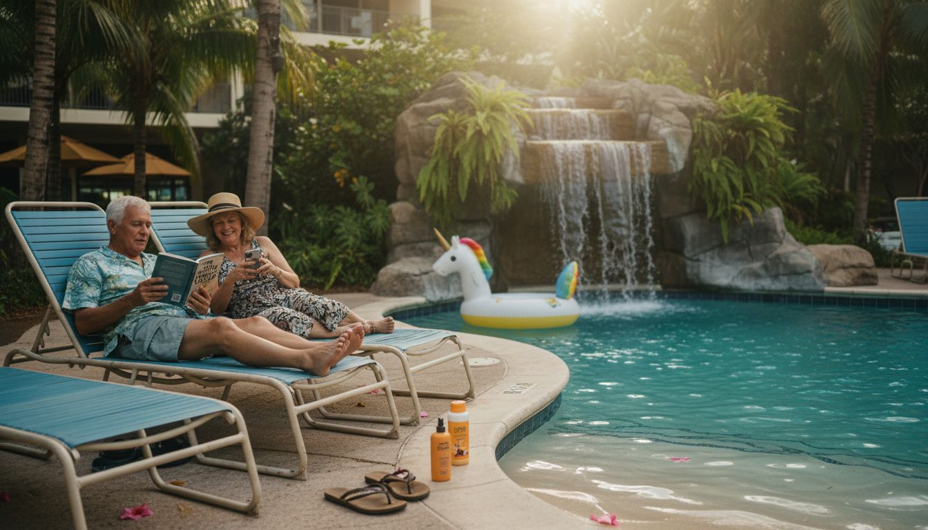 Tropical-style pool with waterfall and couple