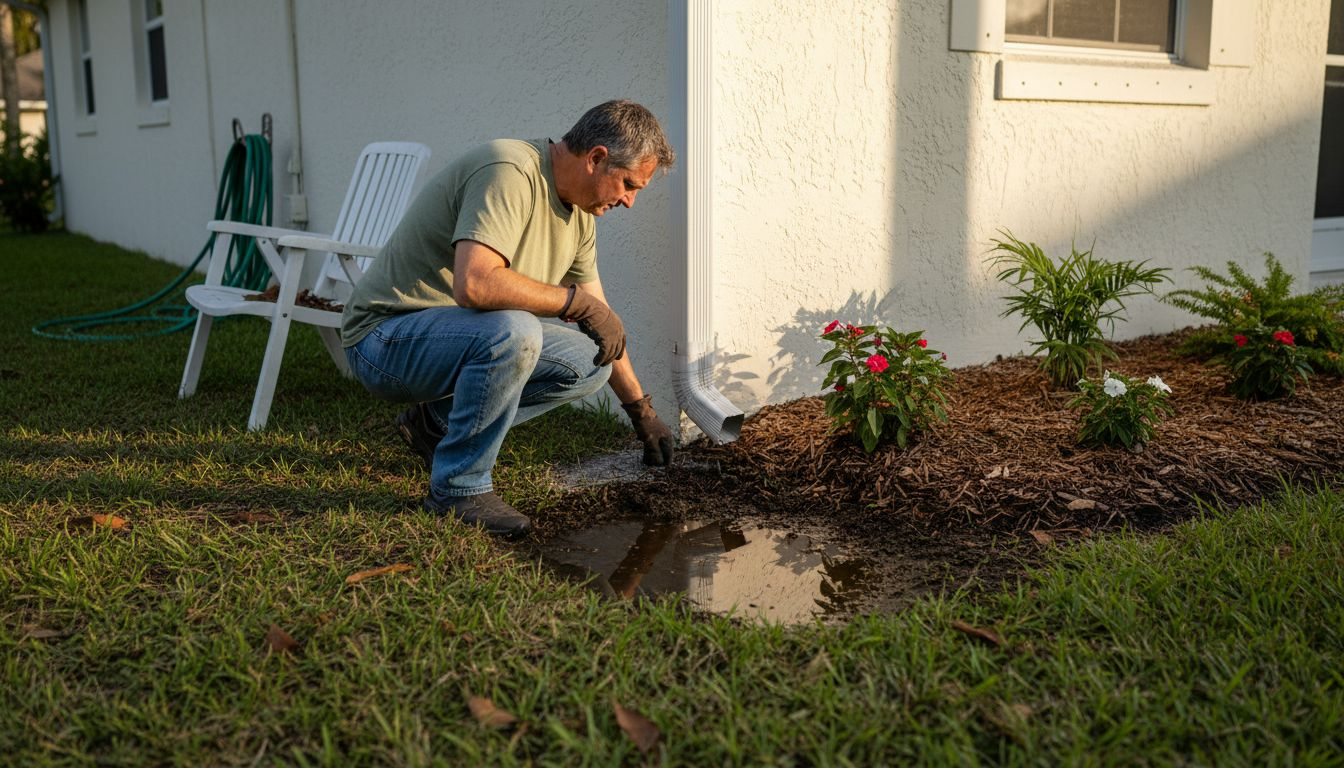 Homeowner inspecting gutter near house foundation