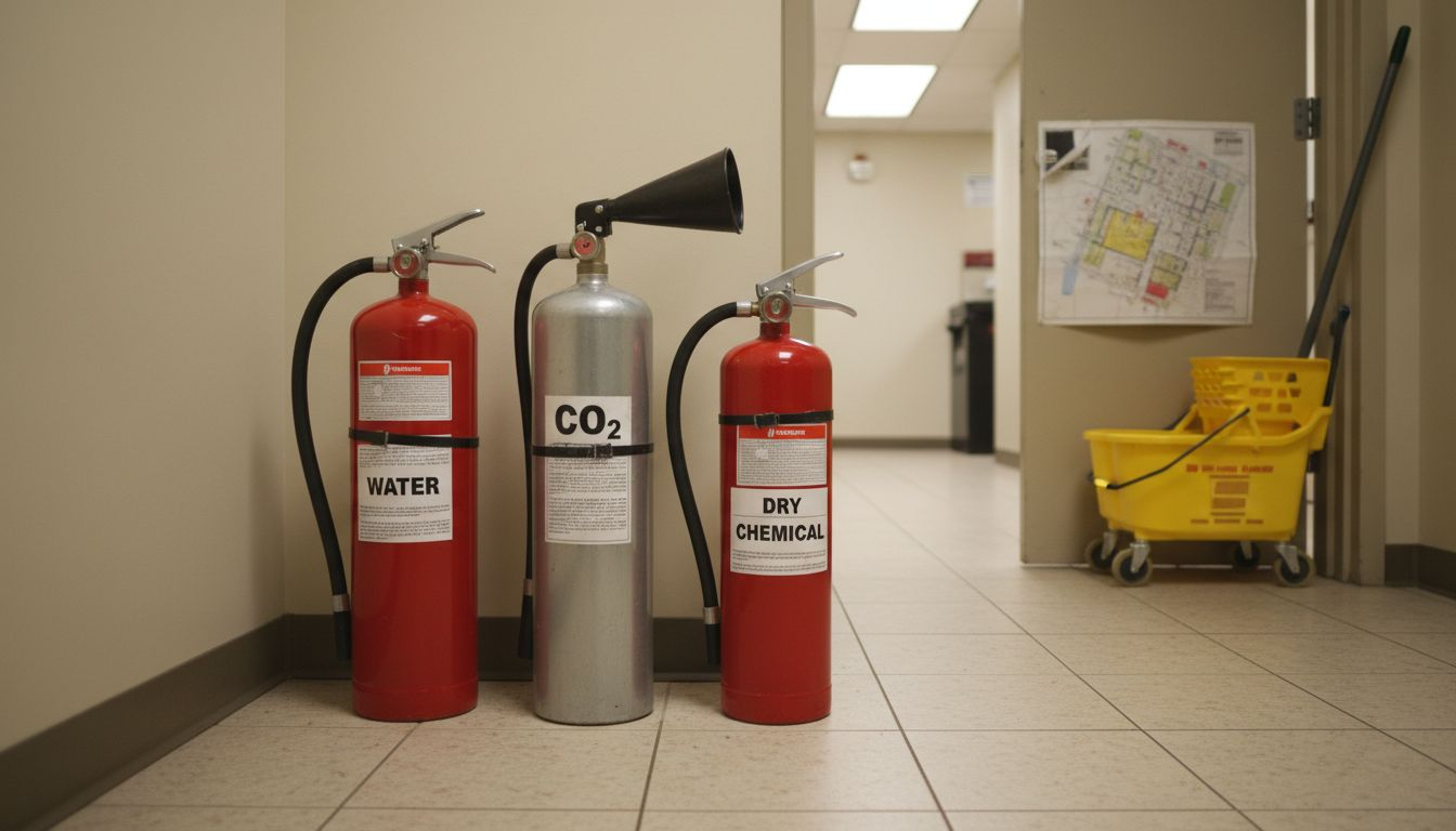 Multiple types of extinguishers against commercial hallway wall