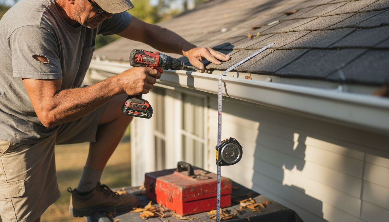 Installer attaching seamless aluminum gutter to roof
