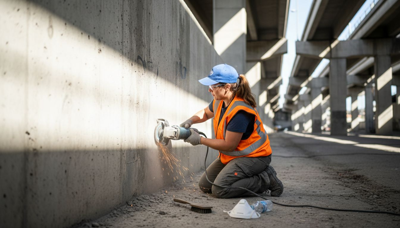 Contractor grinding concrete for paint prep