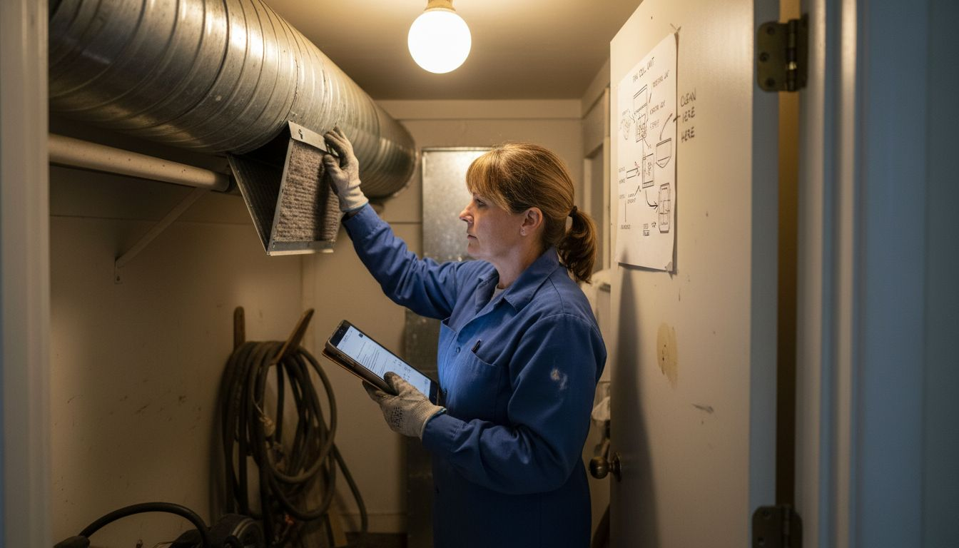 Technician checks duct and records findings