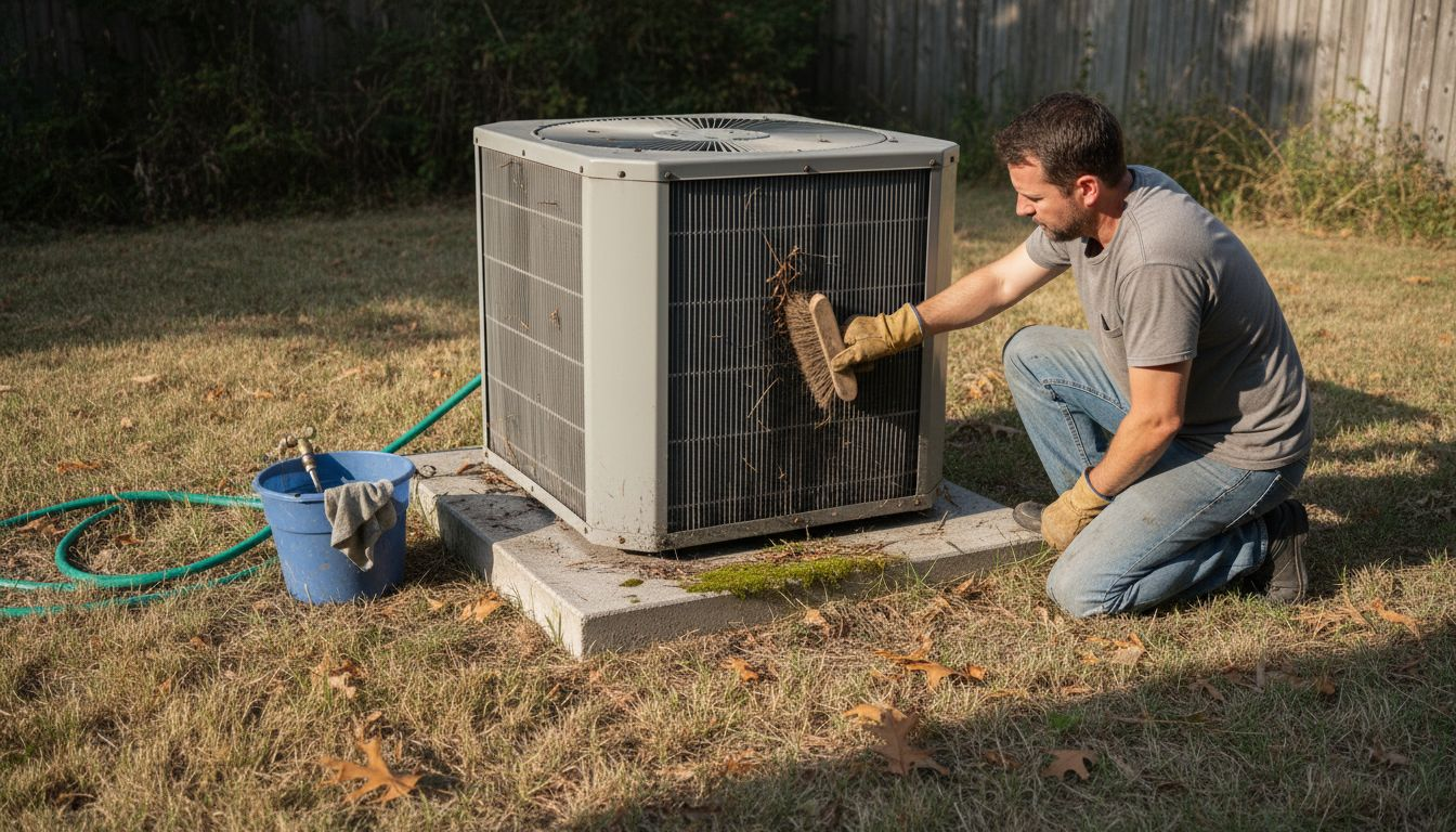 Man cleaning outdoor HVAC condenser unit