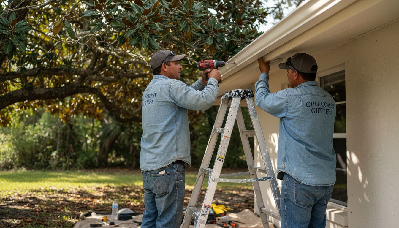Workers installing a gutter on Florida bungalow