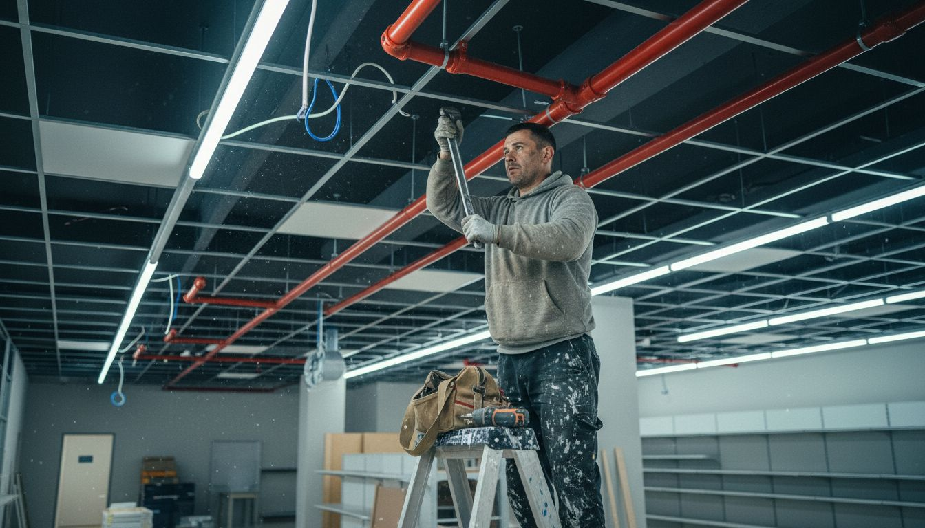 Plumber installing ceiling fire sprinkler system