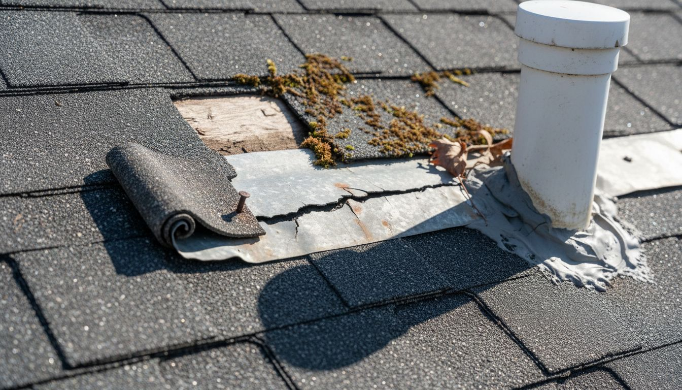 Close-up of curling and cracked roof shingles