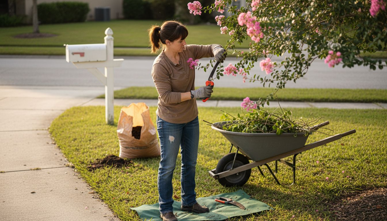 Arborist pruning crepe myrtle in driveway
