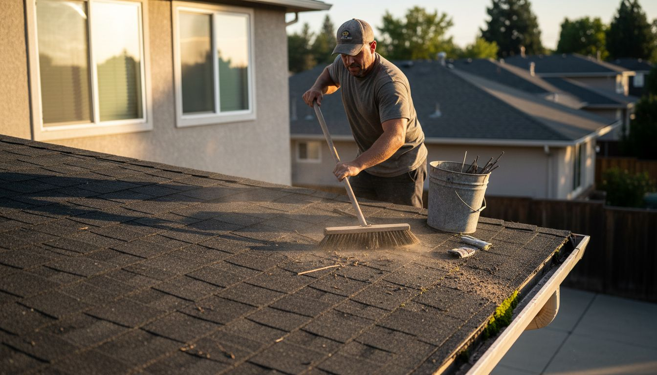 Contractor sweeping debris from residential roof